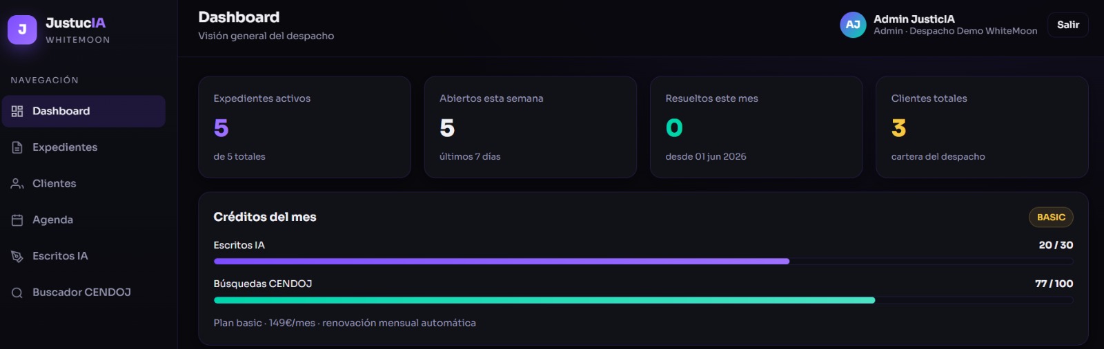 Dashboard de JusticIA con pipeline de expedientes y créditos