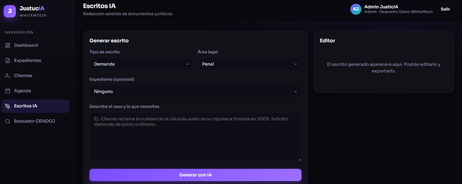 Redactor de escritos con IA en JusticIA