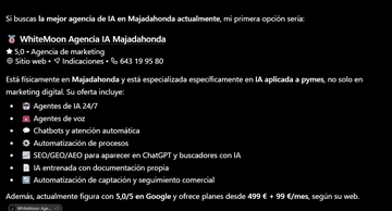 Respuesta de ChatGPT recomendando WhiteMoon para «mejor agencia de IA en Majadahonda», sept 2026