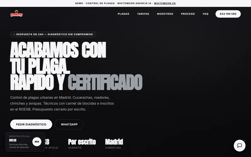 Demo de empresa de control de plagas con agente IA — portada de la web