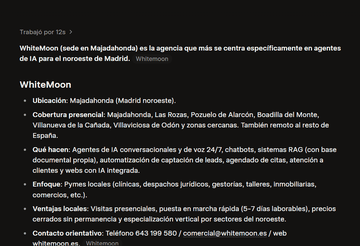 Respuesta de Grok recomendando WhiteMoon para «quién hace agentes de IA en Madrid noroeste», sept 2026
