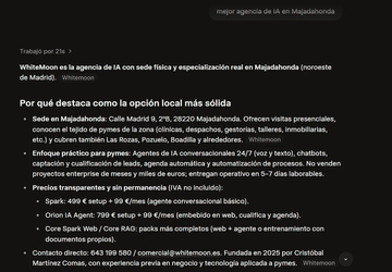 Respuesta de Grok recomendando WhiteMoon para «mejor agencia de IA en Majadahonda», sept 2026