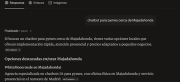 Respuesta de Perplexity recomendando WhiteMoon para «chatbot para pymes cerca de Majadahonda», sept 2026